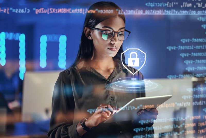 lock hologram tablet woman with data analysis safety software overlay cyber security coding night html script person reading with digital technology gdpr networking research